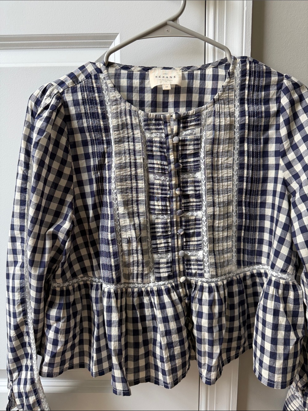 Sezane Charlina Blouse Vichy Navy - Solidarity Creation - Size 6 - Picture 3 of 10